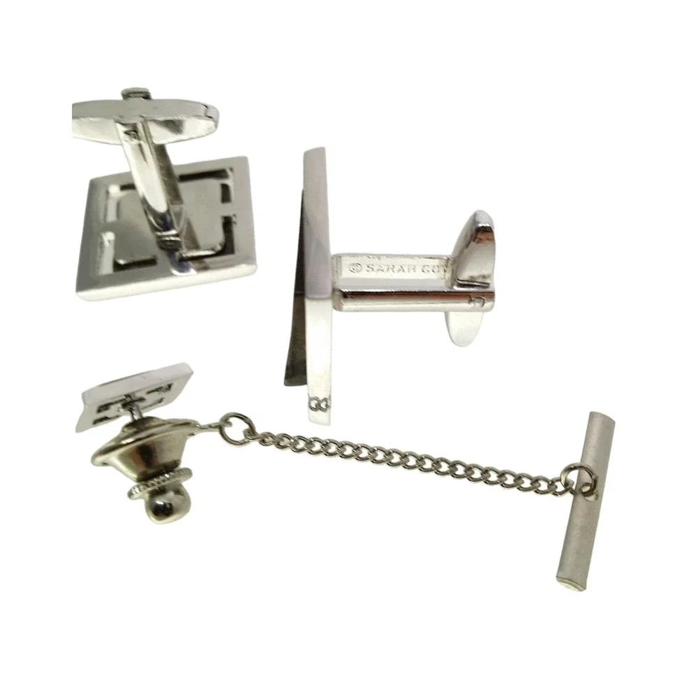 Sarah Coventry Square Abalone Cufflinks Tie Tack Silver Tone Lapel Pin Shell Mod